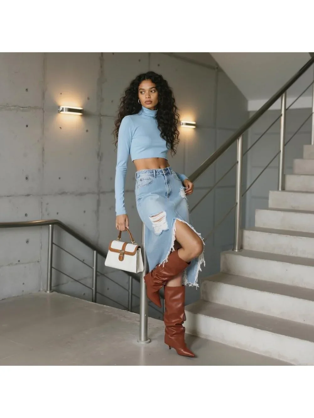 Women's Brown Fold Over Point Shark Slouchy Side Hidden Zipper Knee High Boots